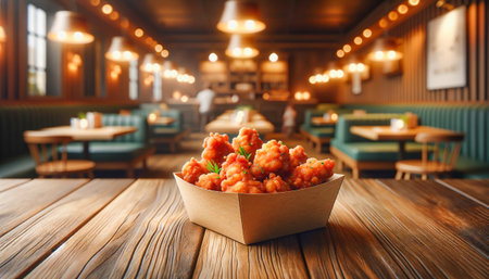 Golden chicken bites are featured on a wooden table with a vibrant restaurant backdrop.の素材