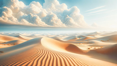 Serene sand dunes under a captivating cloud-filled sky at sunrise.の素材