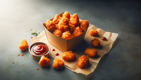 Crispy chicken nuggets in a takeout box with ketchup on the side, on a dark surface.の素材