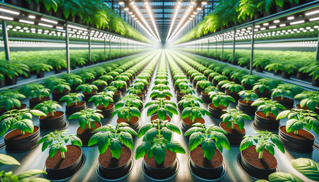 Rows of potted tomato plants flourish under indoor grow lights, promising future harvests.の素材