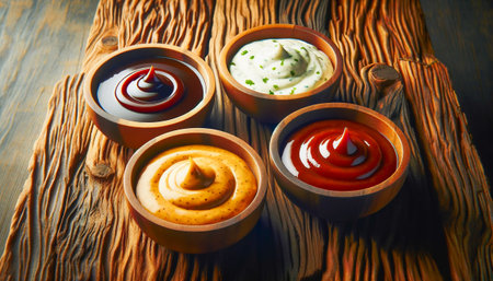Four bowls of assorted sauces on a textured wooden surface.の素材