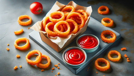 Golden onion rings served with a side of ketchup on a contemporary grey surface, with a fresh tomato to the side.の素材
