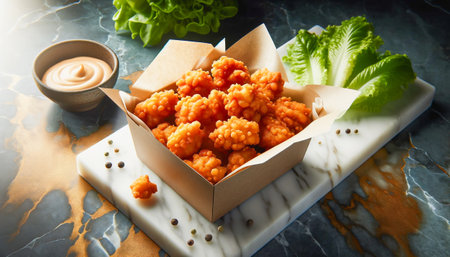 Golden fried chicken bites served with dipping sauce and salad.の素材