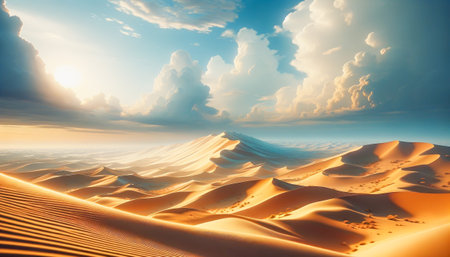 Desert dunes glow under a sunset sky.の素材