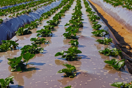 Agricultural field strawberry plants. Rows of plastic covered hills with young strawberries. Industry, modern farming, strawberry production.の写真素材