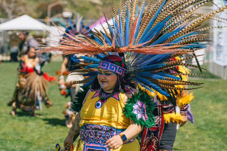 Malibu, California. April 6, 2024.  Powwow. Native Americans dressed in full regalia. Details of...