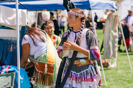 Malibu, California. April 6, 2024. Native American Dancers in Traditional Dresses or Regalia. Pow Wow in Malibu, California or Regalia. Pow Wow in Malibu, Californiaのeditorial素材