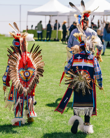 Malibu, California. April 6, 2024. Native American Dancers in Traditional Dresses or Regalia. Pow Wow in Malibu, Californiaのeditorial素材