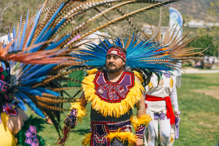 Malibu, California. April 6, 2024.  Powwow. Native Americans dressed in full regalia. Details of...
