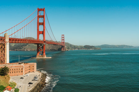 Golden Gate Bridge spans the strait connecting San Francisco Bay and the Pacific Ocean.の写真素材