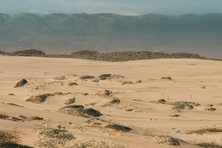 Sand dunes, silhouette of mountains, and cloudy sky in the background. Abstract landscape, Oceano Dunes, California Central Coastの写真素材