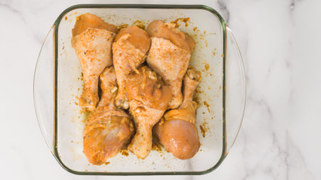 Chicken drumsticks marinated with garlic, soy sauce, and turmeric in a glass baking dish close-up on a marble table, ready to be bakedの写真素材