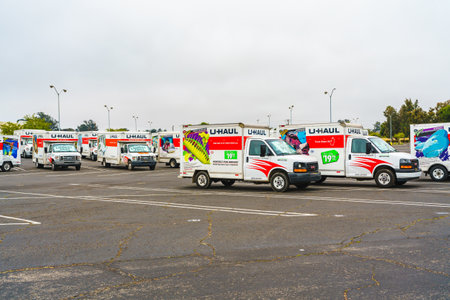 Santa Maria, California, USA - May 31, 2024. U-Haul moving van garage and parking lot. U-Haul...