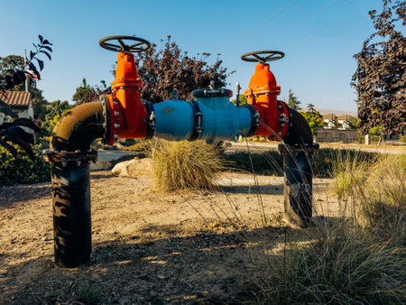 Santa Maria, California, USA - July 20, 2024. Large industrial water valve system with bright orange handles and blue pipes.のeditorial素材