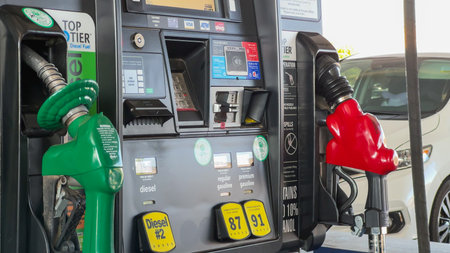 Santa Maria, California, USA - July 21, 2024. Gas station pump with diesel and gasoline options.のeditorial素材