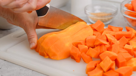 Butternut squash soup recipe. Raw vegetables close-up on the kitchen table. Peeled  and seedless butternut squash close-up on a cutting board, flat layの写真素材