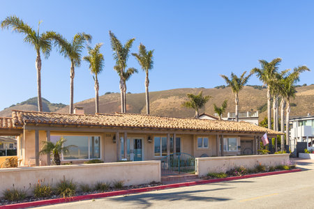 Coastal home with palm trees against a sunny hillside.の写真素材