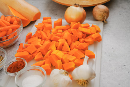 Peeled and chopped butternut squash, carrot, garlic, and onion close-up. Butternut squash soup recipe, ingredients on a kitchen tableの写真素材