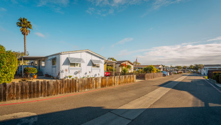 Mobile home park, age-restricted (55+) community in small beach town in California. Architecture, lifestyle, street viewの写真素材