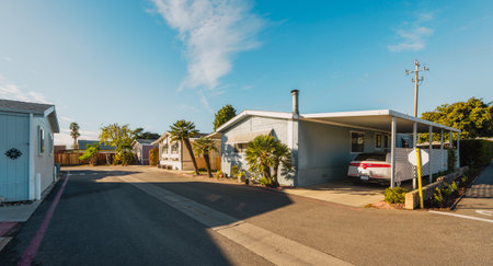 Mobile home park, age-restricted (55+) community in small beach town in California. Architecture, lifestyle, street viewの写真素材
