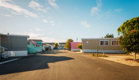 Mobile home park. A row of residential mobile park homes in a small town somewhere in California. Lifestyle, architecture, street viewの写真素材