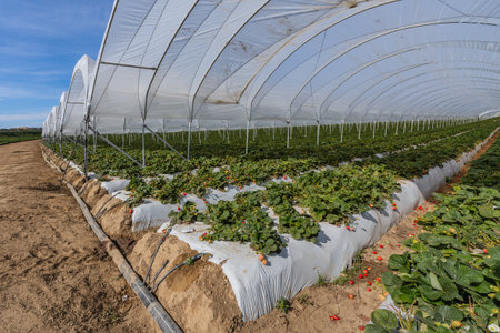 Lush, orderly rows of strawberry plants covered with protective tunnels, showcasing the careful cultivation of these delicious fruits, California.の写真素材