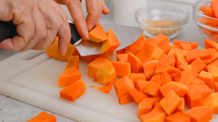Butternut squash soup recipe. Raw vegetables close-up on the kitchen table. Peeled  and seedless butternut squash close-up on a cutting board, flat layの写真素材