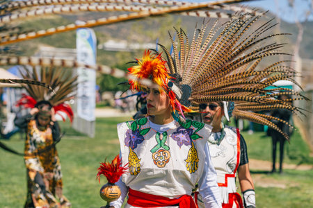 Malibu, California. April 6, 2024.  Powwow. Native Americans dressed in full regalia. Details of...