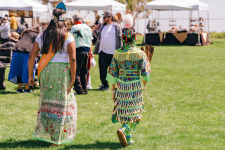 Malibu, California. April 6, 2024.  Powwow. Native American women in Full Regalia. Chumash Day...