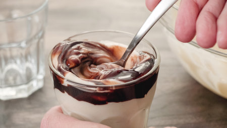 Vanilla pudding with chocolate topping. Perfect deliciously dessert close-up in a glassの写真素材