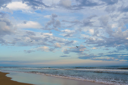 Peaceful beach scene with rolling waves and a wide, cloud-speckled sky.の写真素材