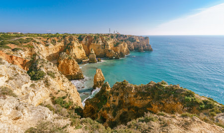 Stunning views of hidden coves, beaches, and rock formations in Lagos, Algarve, Portugalの写真素材
