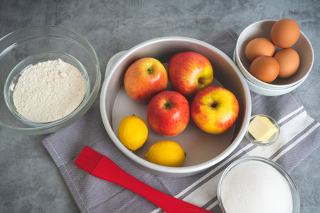 Baking pan, apples, lemons, eggs, sugar, and flour in bowls close-up on a kitchen table. Apple cake recipe, preparation processの写真素材