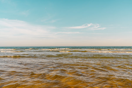 Tranquil ocean waves gently reach the sandy shoreline under a clear sky.の写真素材