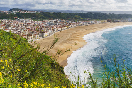 Lush greenery frames the dense urban landscape of Nazare, leading to the beach and ocean.の写真素材