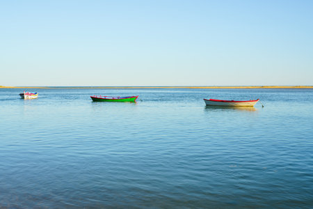 Three colorful boats float peacefully on calm blue waters near a sandy shoreline.の写真素材
