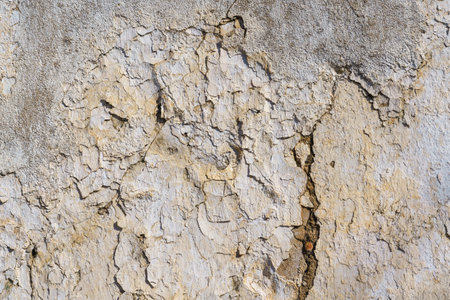Weathered wall with peeling white paint revealing rough brown surface.の写真素材