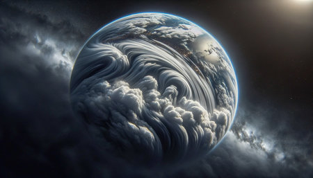 Swirling clouds envelop Earth against the backdrop of the Milky Way.の素材