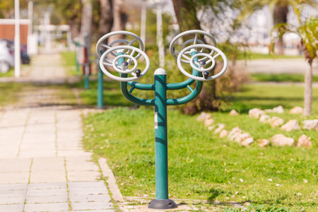 Public exercise machine with rotating wheels designedの写真素材