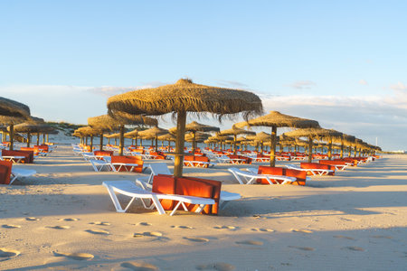 Lounge chairs and straw umbrellas at the beach at sunsetの写真素材