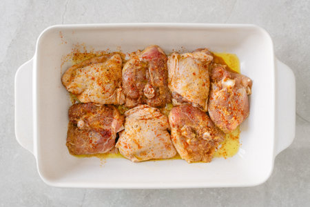 Spiced chicken thighs ready for baking in an oil-coated ceramic dish.の写真素材