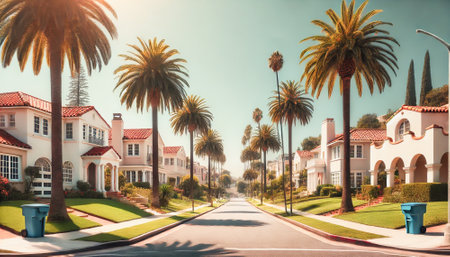 Tranquil suburban living with palm-lined streets and vibrant homes.  AI-generated.の素材