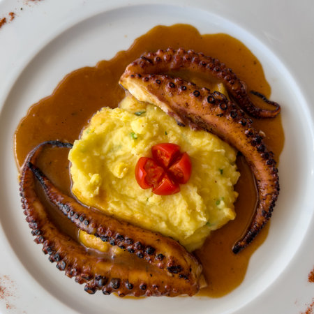 Deliciously charred octopus tentacles served with creamy mashed potatoes and rich sauce.