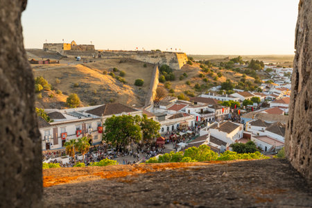 Colorful town square and rooftops in Castro Marim, Algarve, Portugalの写真素材