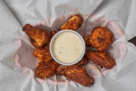 Spicy buffalo wings served hot with a side of creamy ranch dressing.の写真素材