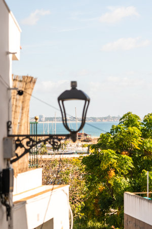 A coastal view with boats and distant city skyline is framed by a decorative street lamp and white buildings.の写真素材