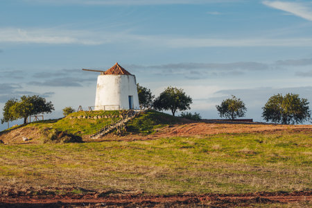 An aged white windmill with a tiled roof sits peacefully on a green hill surrounded by scattered trees and farmland.の写真素材