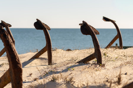 Iron anchors planted in soft dunes overlook the calm sea along the southern coast of Tavira Island.の写真素材