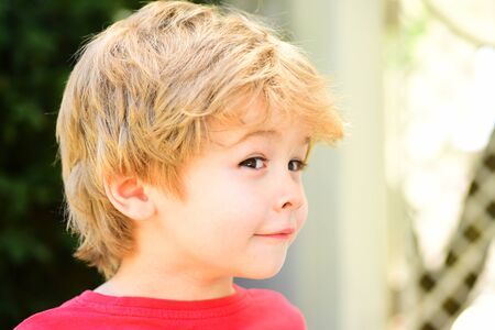 Sly playful baby boy. Funny child with cute hairstyle. Smart kid with idea, sly look. Children face.の写真素材