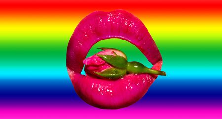 Flower in the mouth. Flowers for lesbians on the background of the lgbt flag. Romance of Valentines Day. Beautiful rose between lips with ponk lipstick. Bright cosmetics.の写真素材